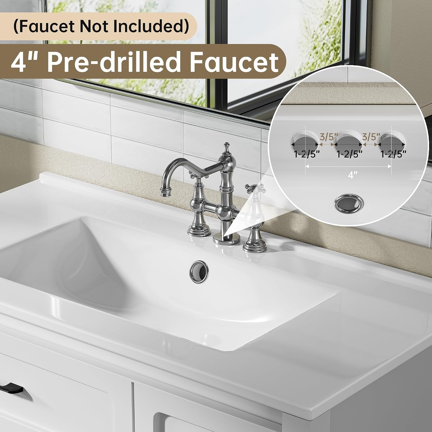 30' Ceramic Bathroom Vanity Sink Top, Modern White Vanity Top for cabinet with Triple Faucet Holes