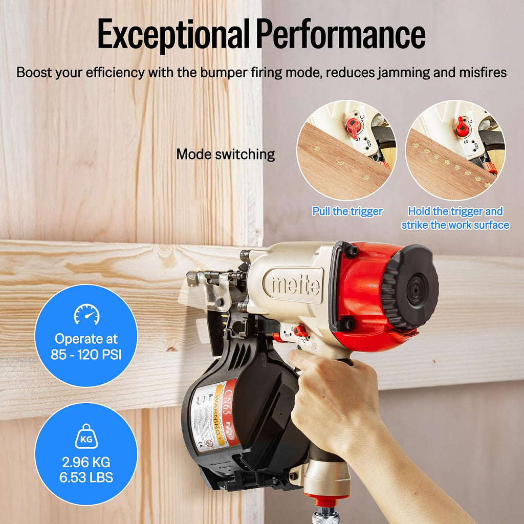 meite CN65 Pneumatic Coil Nailer with 15 Degree Siding Nails 2' × .099'' - Air Coil Nail Gun with 300PCS Magazine, 360° Adjustable Exhaust for Framing Sheathing Pallets Hardwood Projects