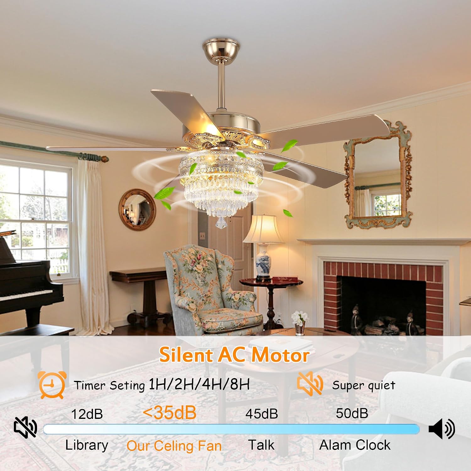 GJeg Crystal Ceiling Fan Fandelier with Lights - Retro Outdoor Fans with Remote Control, Farmhouse Ceiling Fan with Noiseless AC Reversible Motor,Dining Room,Living Room(52' Gold)