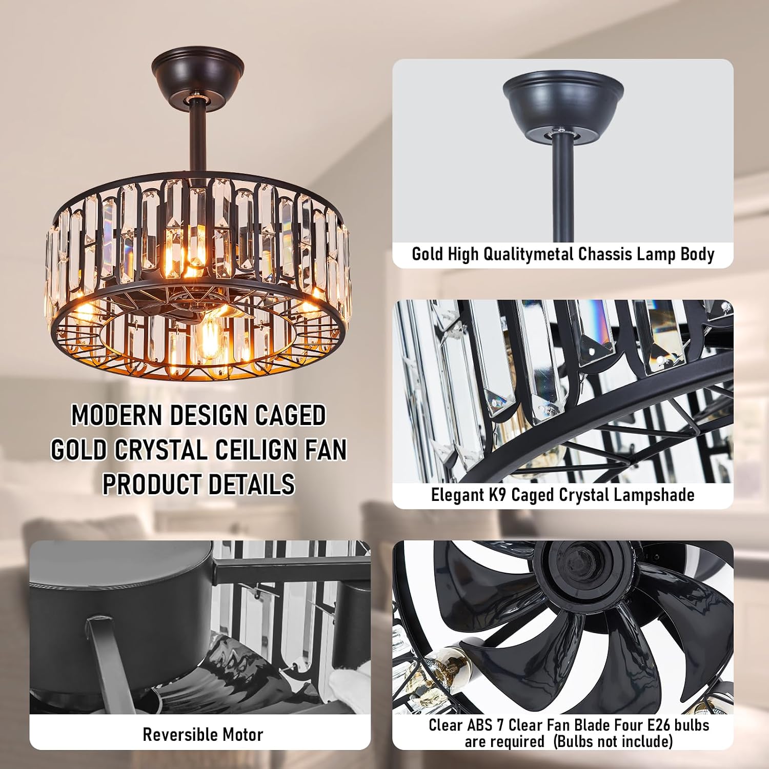 18.2' Modern Crystal Ceiling Fan with Light Black Crystal Fandelier Light Caged Ceiling Fan Light with Remote Reversible Industrial Chandelier Fan for Bedroom Living Room Dining Room Entry foryer