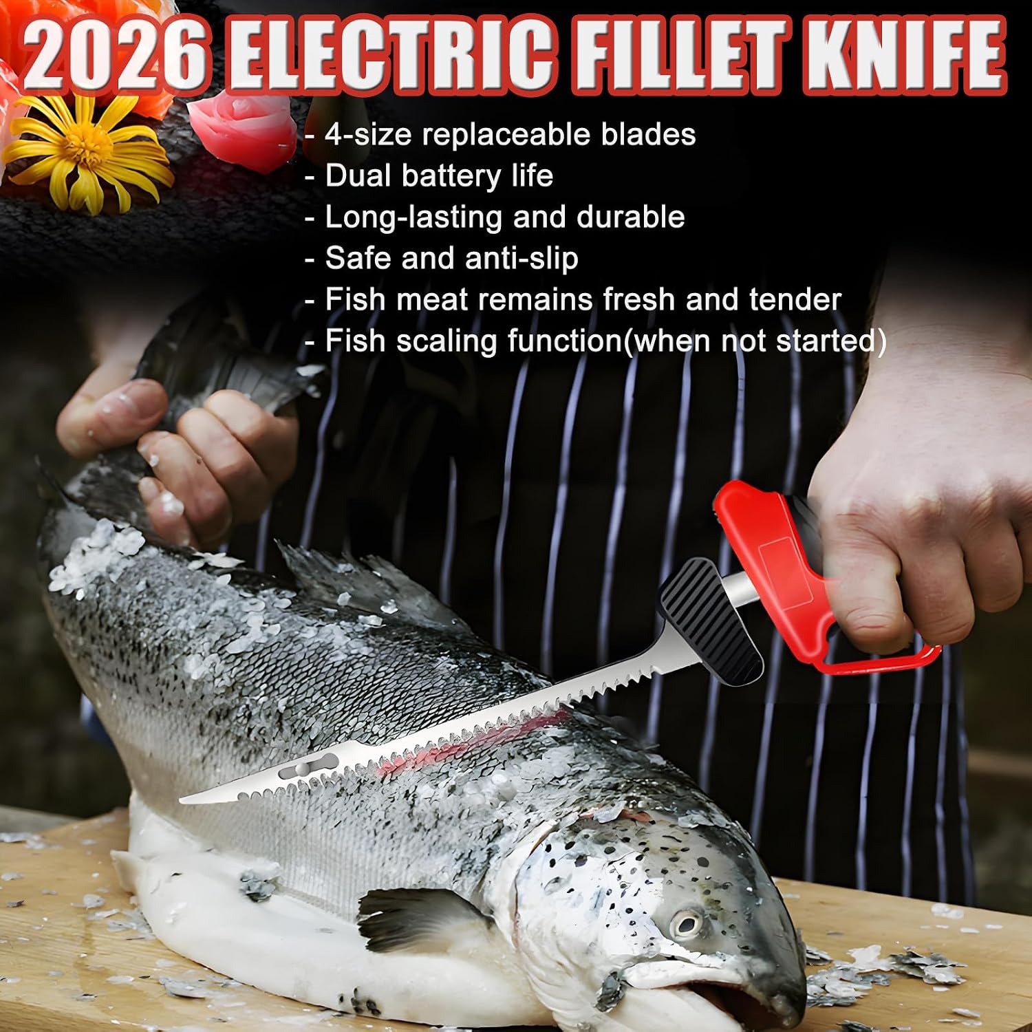 Electric Fillet Knife With Safety Lock - User-Friendly Cordless Reciprocating Filet Knife - Meat Saw w/ 4 Blades, 2-Hour Total Runtime, Commercial/Home Use For Fish/Meat/Small bone