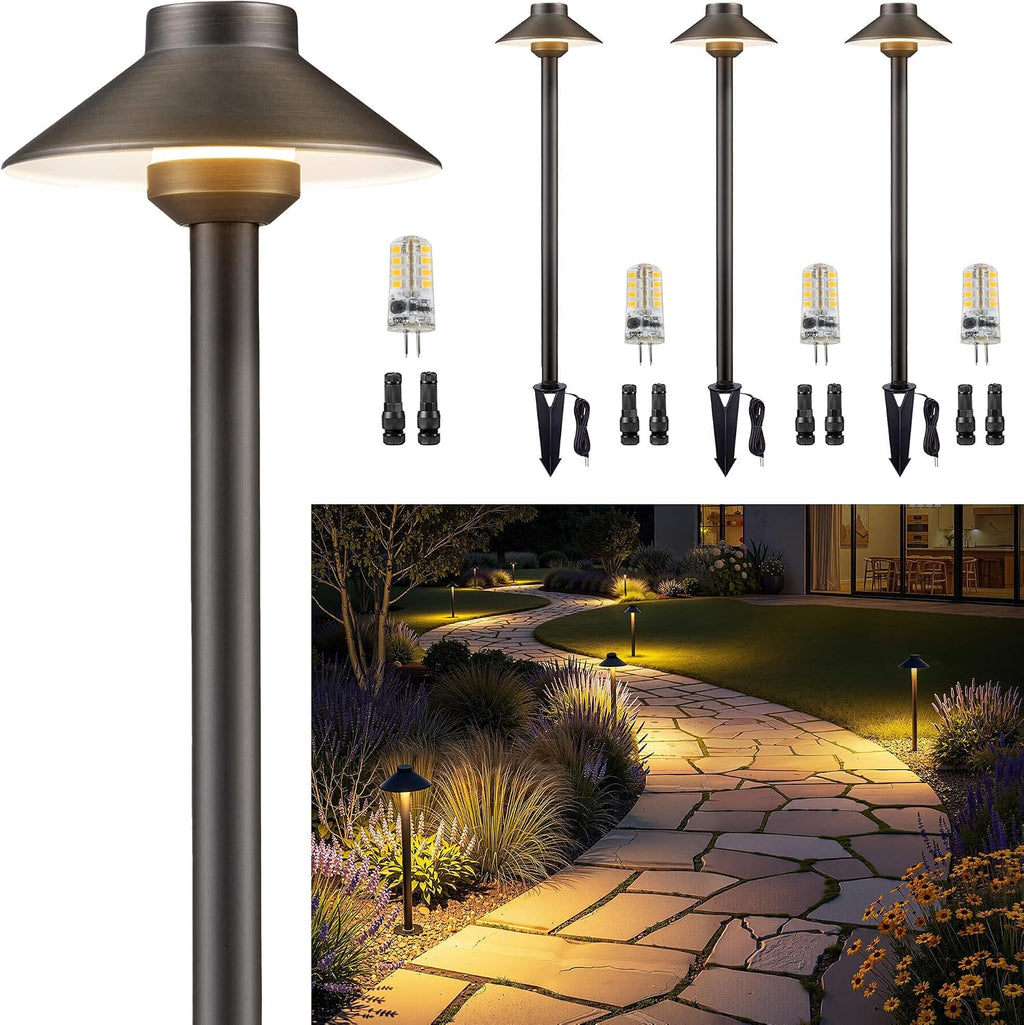 Gardenreet Low Voltage Landscape Lighting Brass - 12v Pathway Lights Waterproof, Hardwired Path Light Outdoor, Antique Bronze for Exterior Patio Garden with 3W 2700K Warm White G4 Bulb (4 Pack)