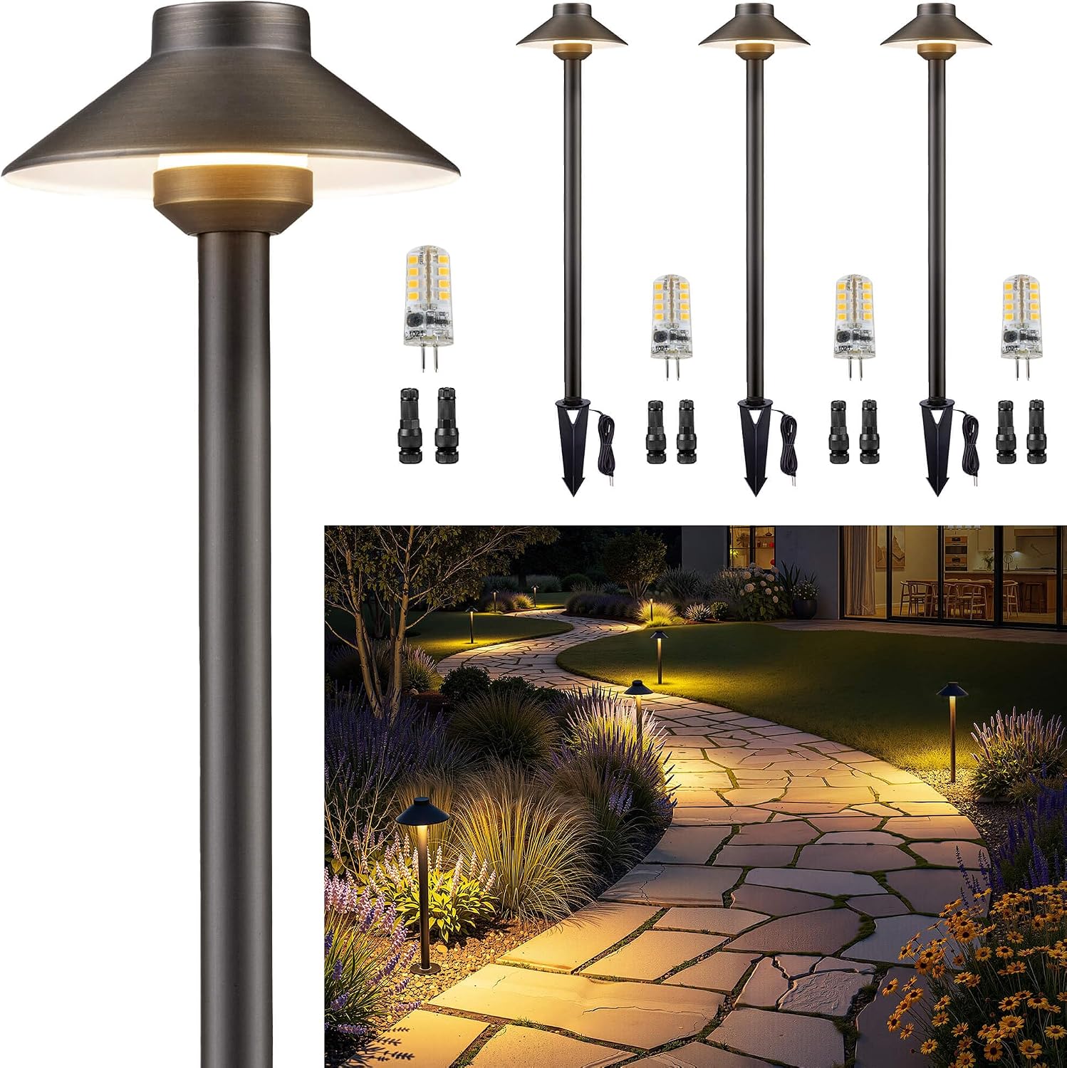Gardenreet Low Voltage Landscape Lighting Brass - 12v Pathway Lights Waterproof, Hardwired Path Light Outdoor, Antique Bronze for Exterior Patio Garden with 3W 2700K Warm White G4 Bulb (4 Pack)