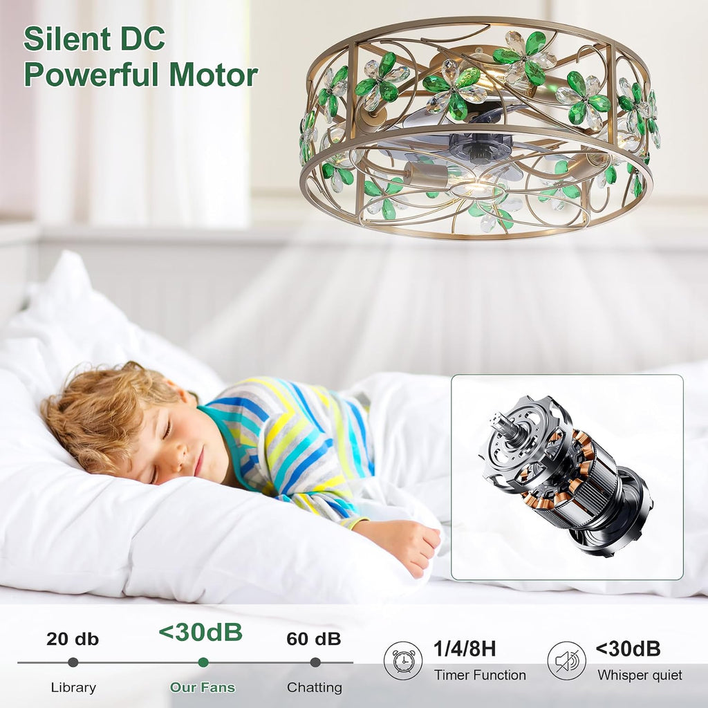 Ceiling Fans with Lights and Remote Flower Crystal Low Profile Ceiling Fan Bedroom Fan w. 6 Speeds Reversible Motor Bladeless Flush Mount Fan Light for Living Room ,Dinning Room,Entrance,Gold