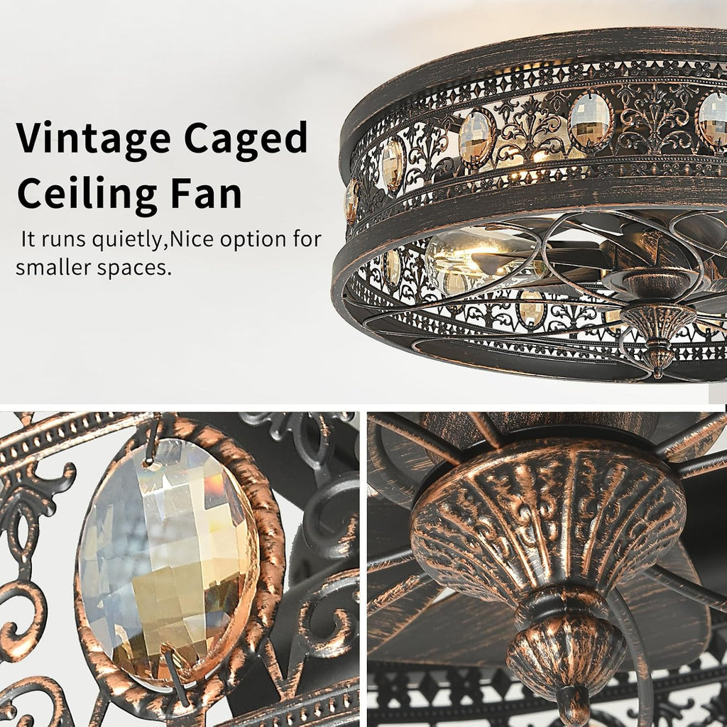 Fandelier Ceiling Fan with Light,Low Profile Small Black Ceiling Fan, Caged Flush Mount Enclosed Design for Bedroom Kitchen Farmhouse Rustic Vintage Style