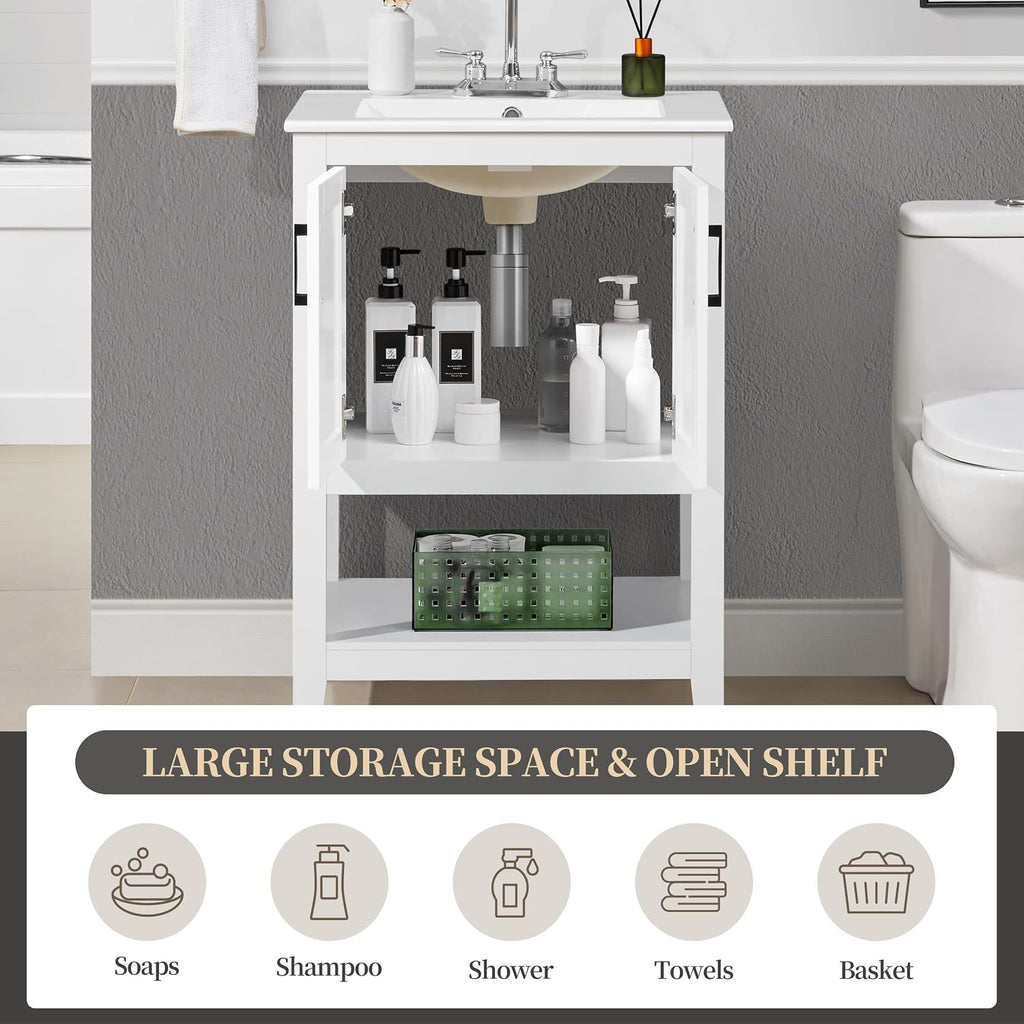 Yaheetech 24' Modern Bathroom Vanity with Sink, Bathroom Sink Cabinet with Rectangular Ceramic Basin, Bathroom Vanities Cabinet with 2 Doors and 1 Open Shelf, White