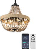 20 inch Boho Beaded Chandelier with Ceiling Fan, Remote & App Control, Reversible DC Motor, Black Farmhouse Rattan Fandelier for Dining Room, Bedroom, Kitchen