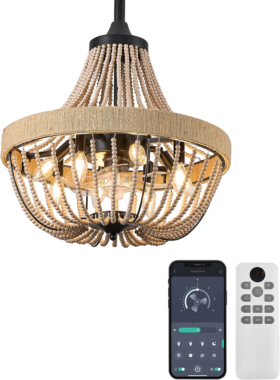 20 inch Boho Beaded Chandelier with Ceiling Fan, Remote & App Control, Reversible DC Motor, Black Farmhouse Rattan Fandelier for Dining Room, Bedroom, Kitchen
