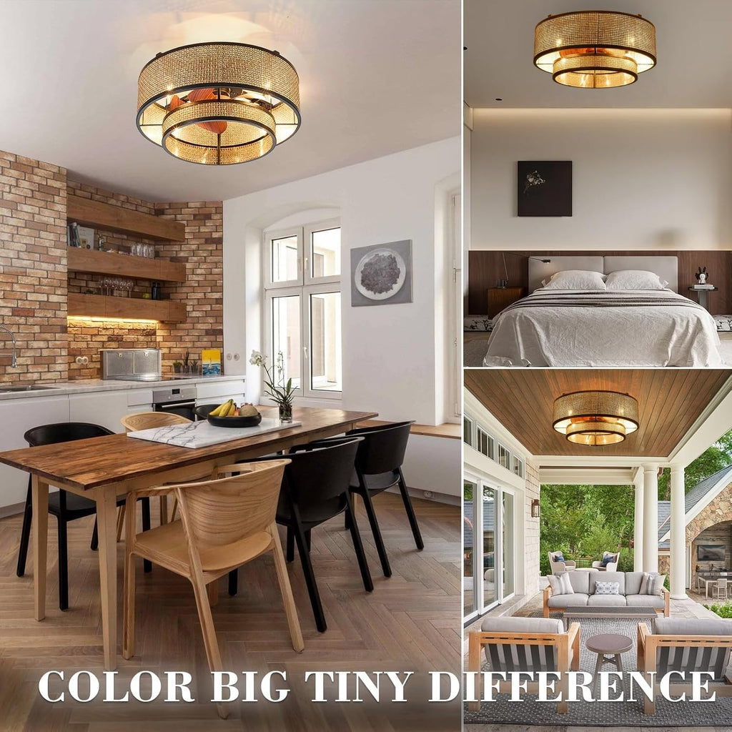 18.9' Boho Caged Ceiling Fan with Lights Remote, 4-Light Vintage Rattan Woven Chandelier Fan with Light Reversible Motor, Chandelier Ceiling Fan for Bedroom, Living Room
