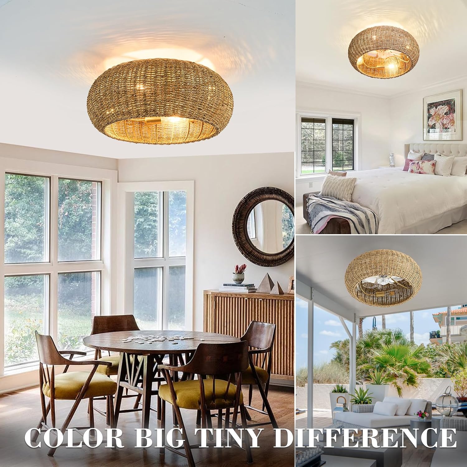 Rattan Ceiling Fan with Lights 19.7IN Boho Handwoven Caged Fandelier with Light Farmhouse Handwoven Ceiling Fan Chandelier Fixture for Dining/Living Room Bedroom Entry Kitchen Restaurant Office