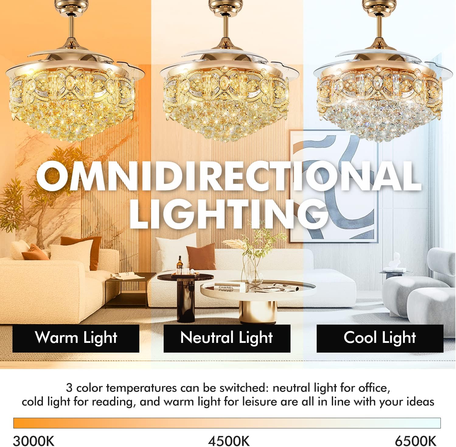42' Modern Fandelier Crystal Ceiling Fan with Light and Remote, Luxury Gold Chandelier Ceiling Fan with Retractable Blades 3 Colors Change 3 Speeds for Living Room Bedroom