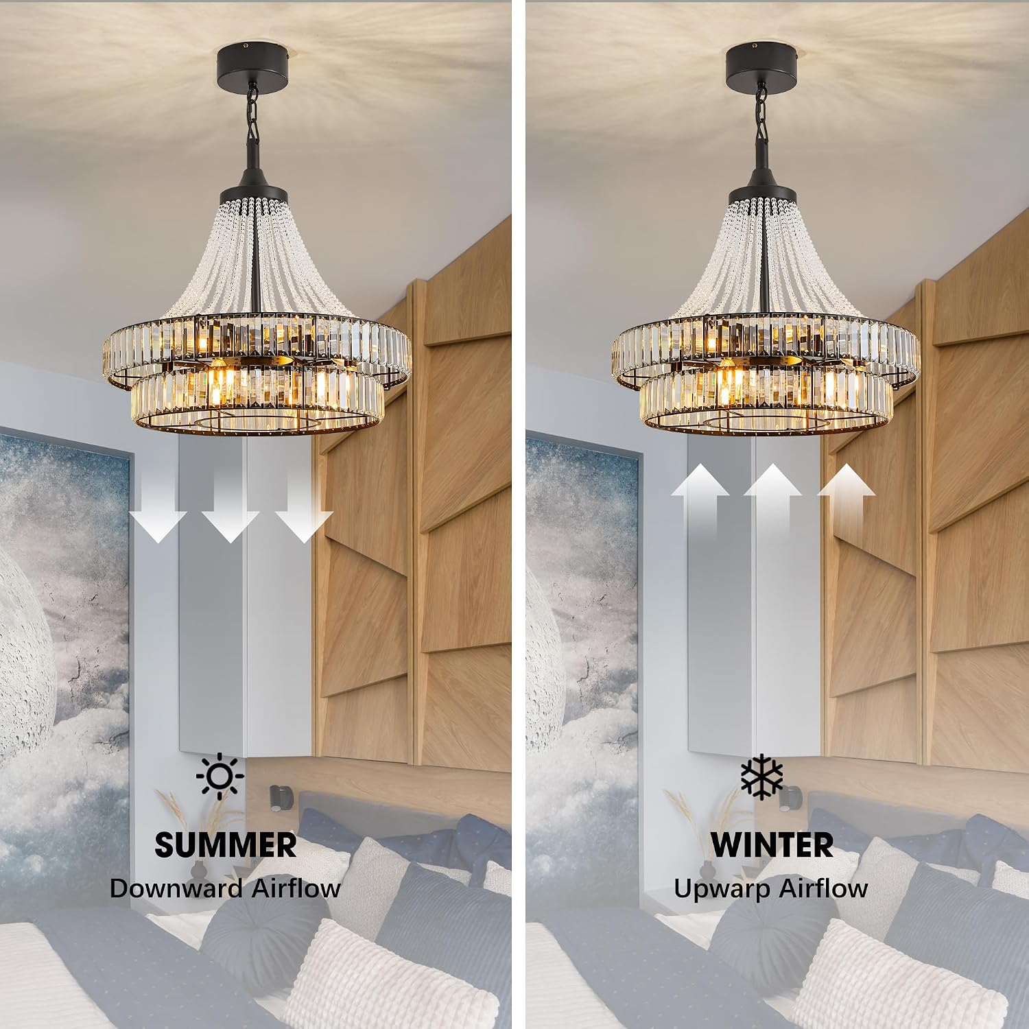 24' Farmhouse Crystal Chandelier Ceiling Fan with Lights, Remote & App Control, 6-Speed Reversible Large Fandelier, Double Layer Design for Bedroom, Living Room (Black)