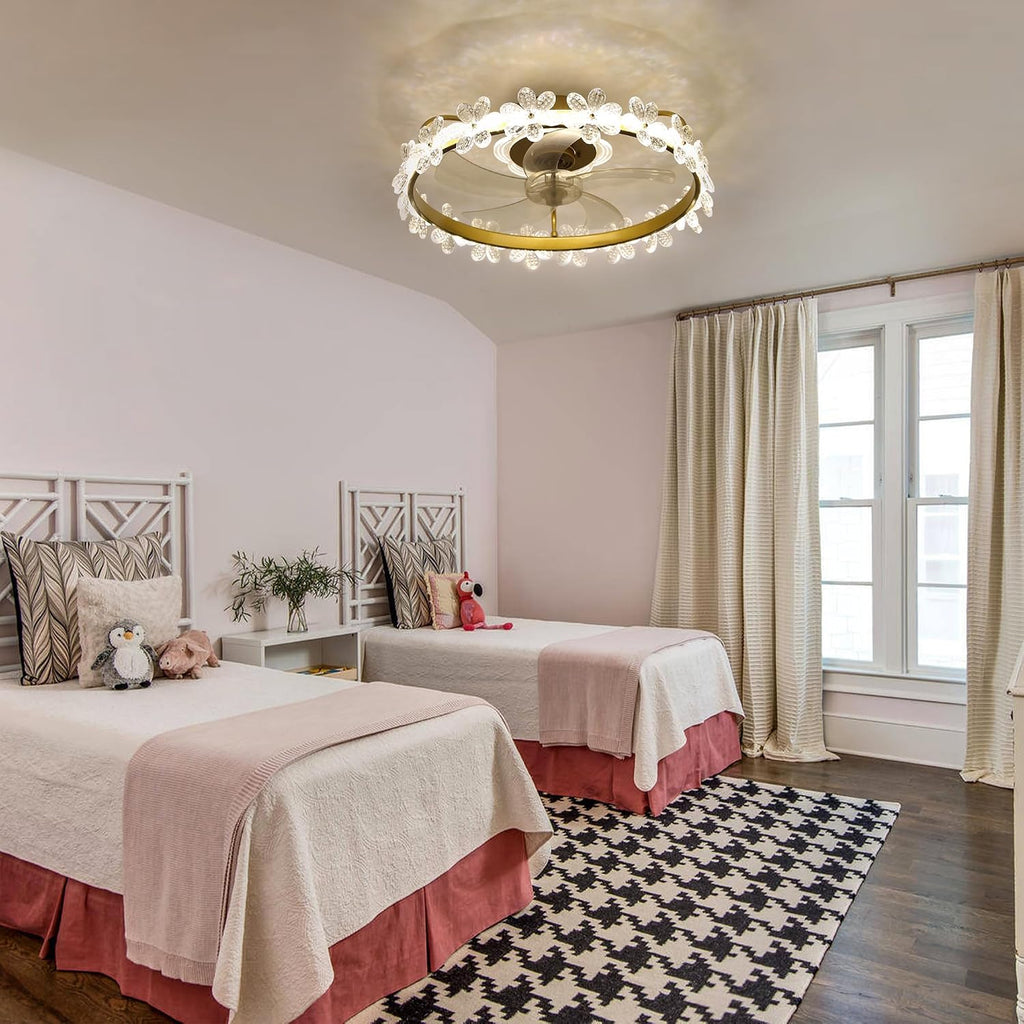 22' Gold Crystal Fandelier Ceiling Fans with Lights,Gold Flower Ceiling Fan with Light Remote Control, Low Profile Flush Mount Ceiling Fan for Girl's Bedroom, Kid's Room