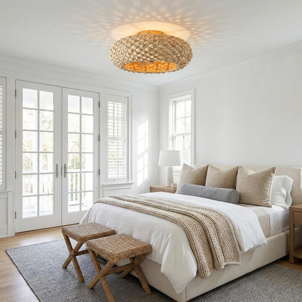 20.4' Boho Rattan Ceiling Fan with Light, Flush Mount Caged Fandelier with Remote, 6-Speed Reversible Quiet DC Motor, Timer, Low Profile Enclosed Gold Ceiling Fan for Bedroom Living Room