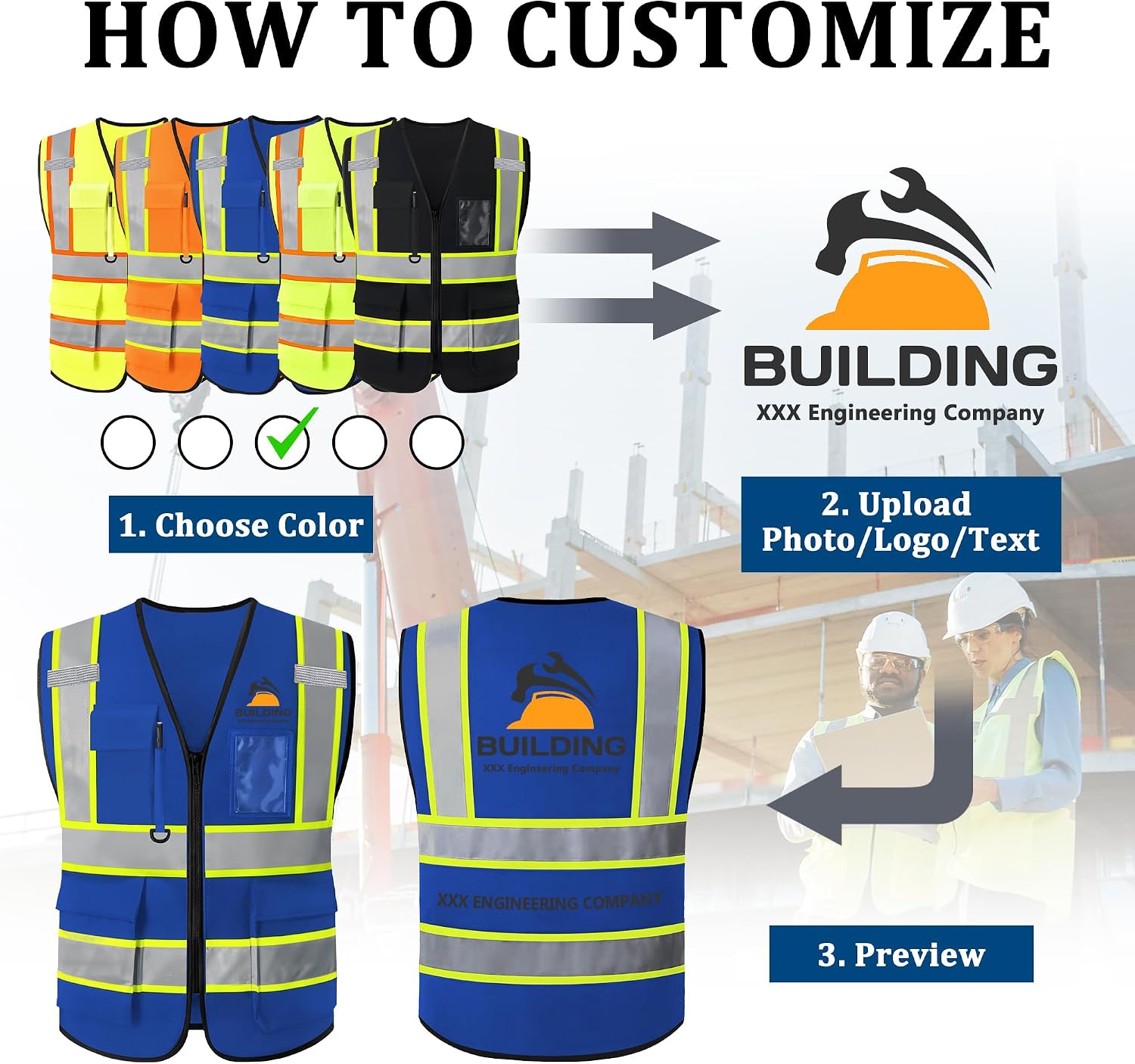 Custom Safety Vest with Logo, High Visibility Reflective Personalized Vest with Pockets and Zipper for Men Women Work
