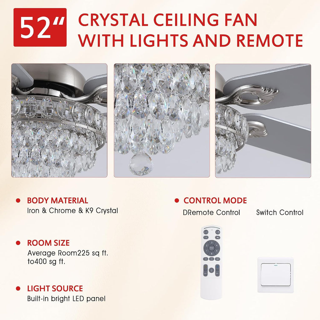 GJeg Crystal Ceiling Fan Fandelier with Lights-Ceiling Fans with Remote Control,Modern Ceiling Fan with Noiseless DC Reversible Motor,Dining Room,Living Room(52' Nickel)