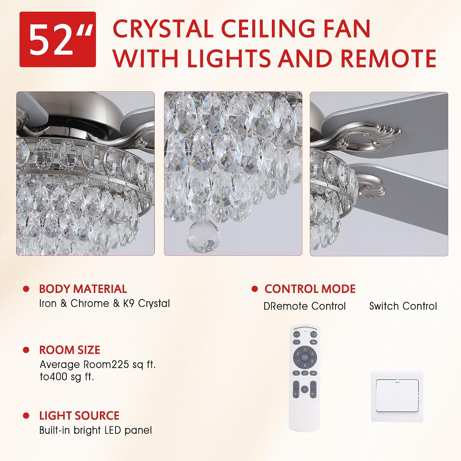 GJeg Crystal Ceiling Fan Fandelier with Lights-Ceiling Fans with Remote Control,Modern Ceiling Fan with Noiseless DC Reversible Motor,Dining Room,Living Room(52' Nickel)