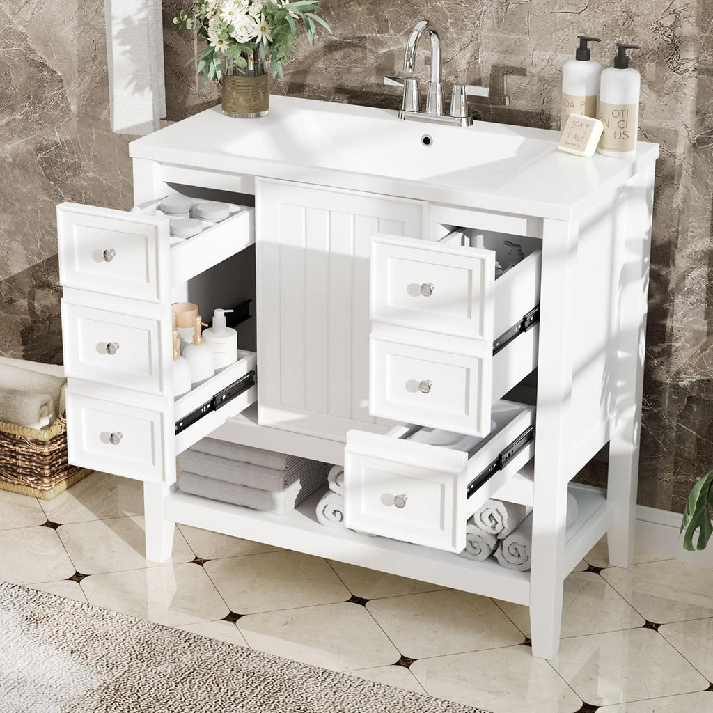 36' Vanity Bathroom Cabinet with Sink Top, Three Multi-Functional Drawers, Open Storage Space, Adjustable Shelf, White