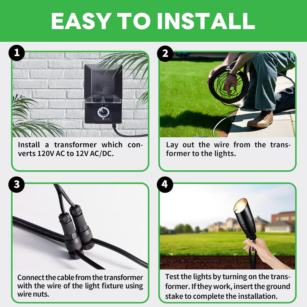 Landscape Spotlights Kit, 8 Pack Black Low Voltage LED Outdoor Lighting and 100W Transformer and 100FT Cable and 30 Wire Connectors, IP65 Waterproof Aluminum uplight for Yard House Porch