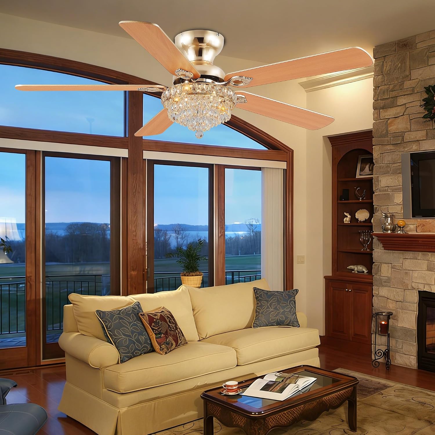 GJeg Crystal Ceiling Fan Fandelier with Lights-Ceiling Fans with Remote Control,Modern Ceiling Fan with Noiseless DC Reversible Motor,Dining Room,Living Room(52' Gold)