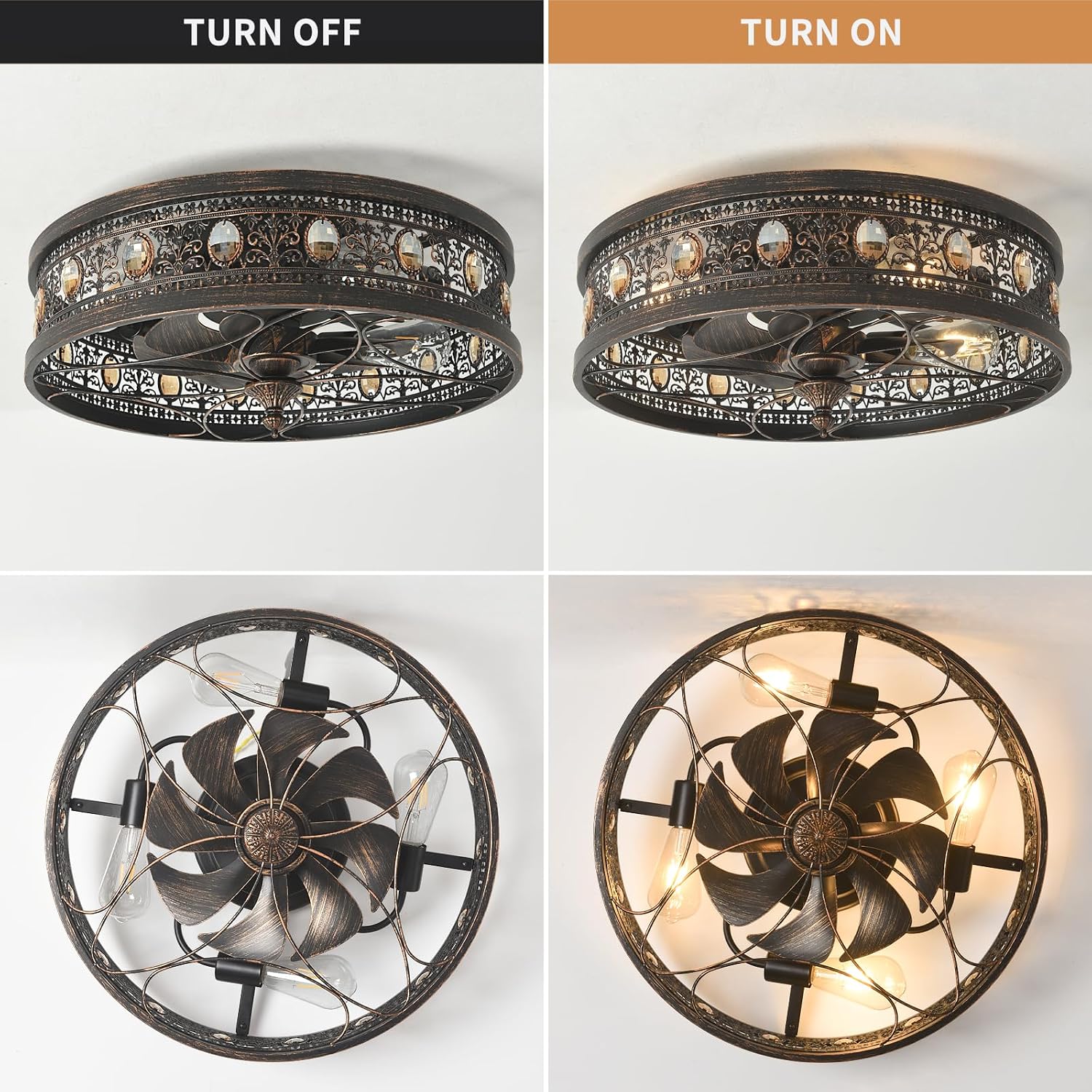Fandelier Ceiling Fan with Light,Low Profile Small Black Ceiling Fan, Caged Flush Mount Enclosed Design for Bedroom Kitchen Farmhouse Rustic Vintage Style
