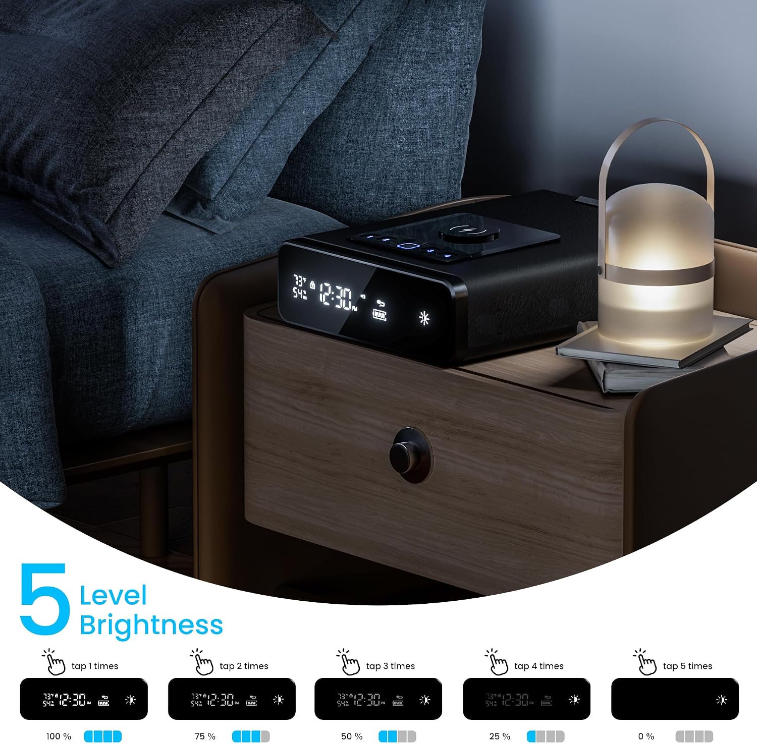 Mboko Biometric Discreet Gun Safe with 12-Hour Time Clock Display, Wireless Charging Pistol Safe for Handgun with Adjustable Brightness, Backlit Keypad, LED Light, Gifts for Father's Day（Black）