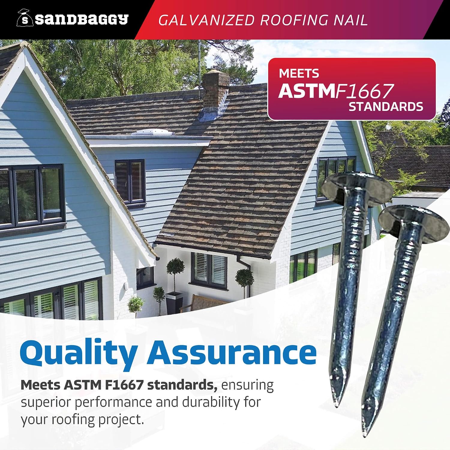 Sandbaggy 1-1/4' Galvanized Roofing Nails - Install Shingles, Siding, Insulation Board, Felt Paper - Flat Head, 11 Gauge Steel, Smooth Shank (120, Pounds)