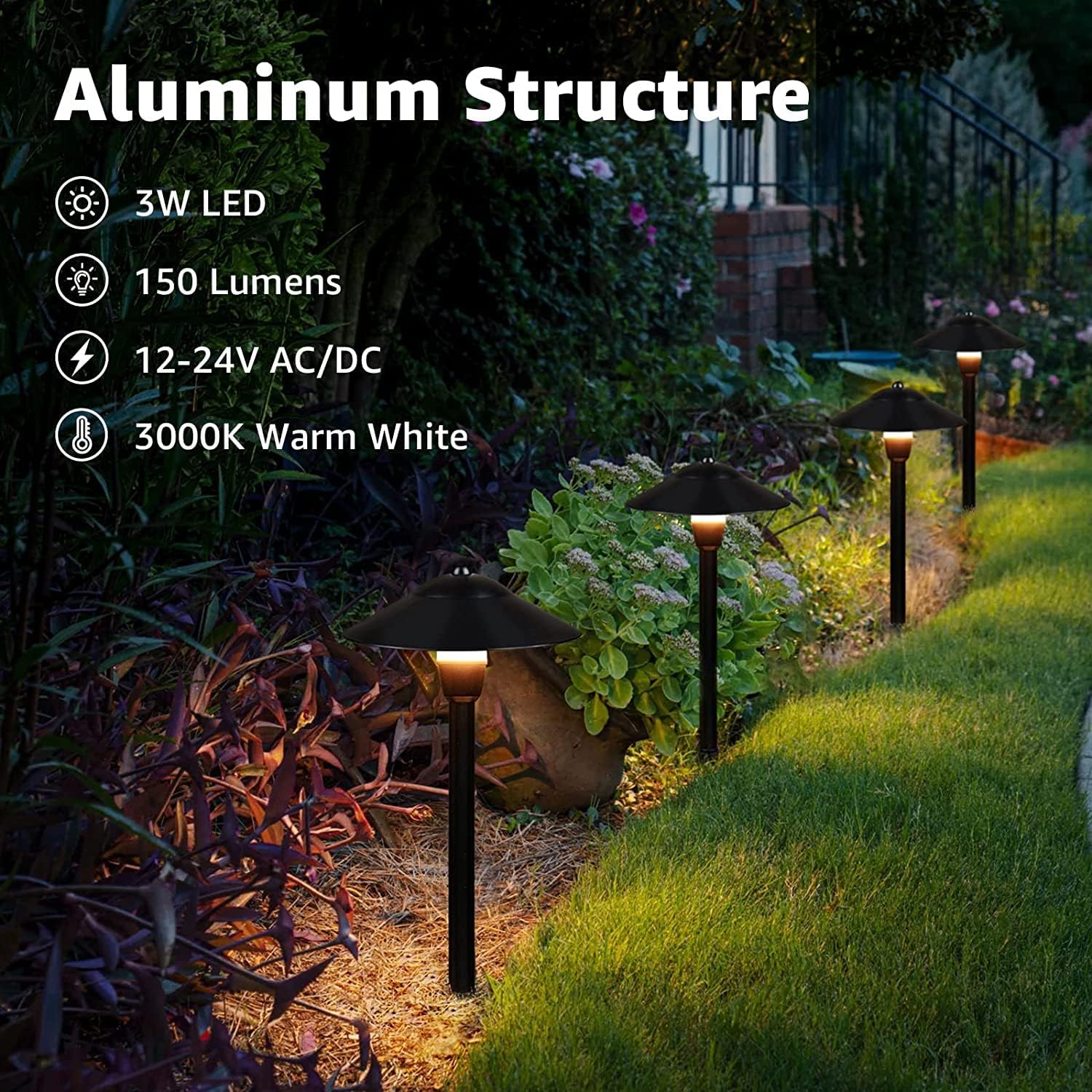 SUNVIE Low Voltage Pathway Lights Wired Path Light Outdoor 3W 12-24V 3000K Waterproof Aluminum LED Landscape Lights with Connector for Garden Walkway Yard - ETL Listed Cord, 8 Pack