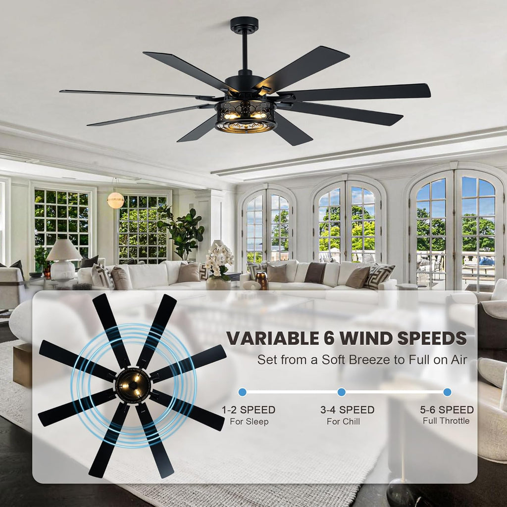 Dawn Whisper 72 Inch Farmhouse Ceiling Fans with Lights Quiet Reversible DC Motor Caged Rustic Ceiling Fans with Remote Industrial Chandelier Fan for Living room Bedroom(Black)