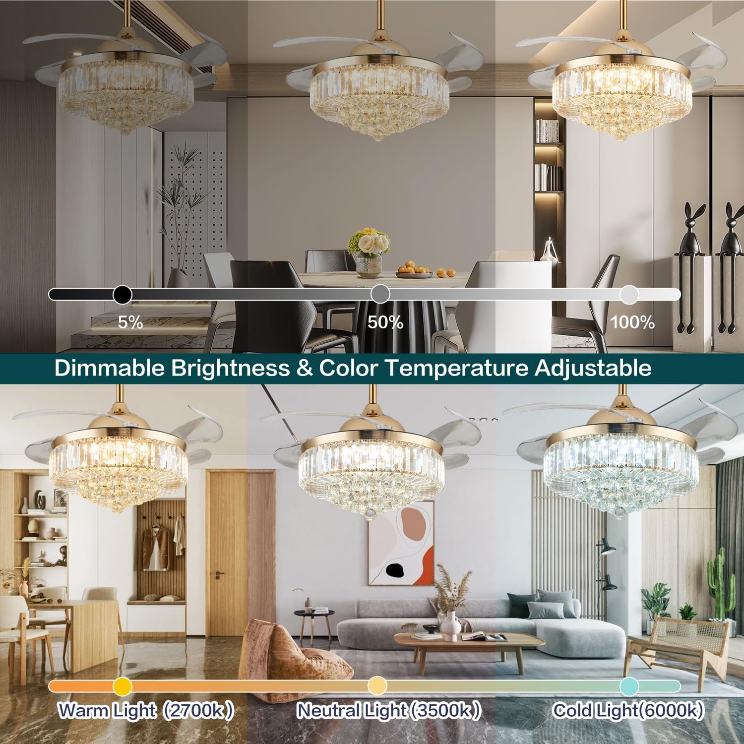 36' Dimmable Gold Fandelier Crystal Ceiling Fans with Lights and Remote, Modern Chandelier Ceiling Fan with Invisible Retractable Blades for Bedroom Living Room 6 Speed