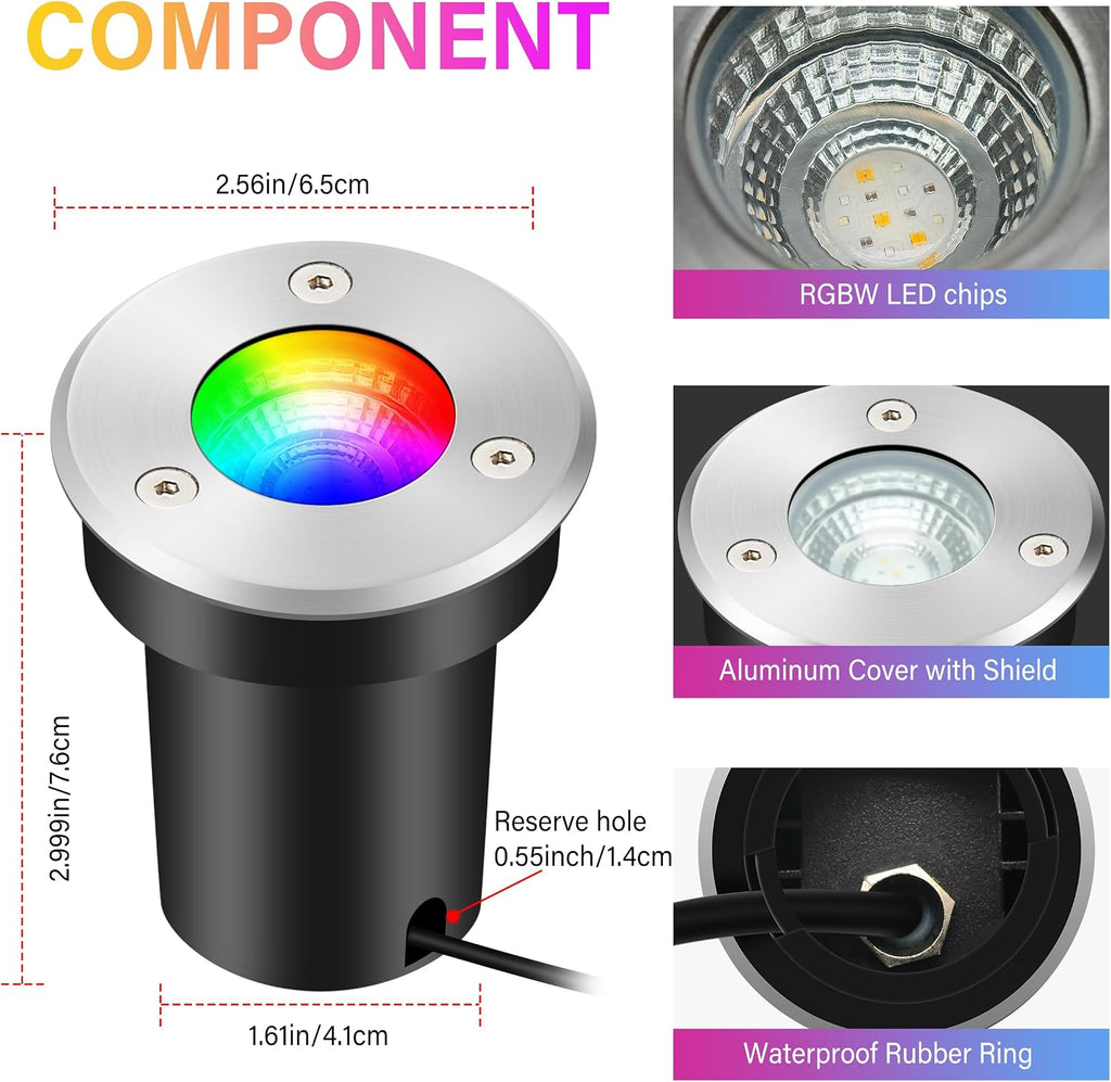12Pack Low Voltage Outdoor Landscape Lighting RGBW Spotlight,Color Changing Outdoor Ground Light,12Pack IP67 Waterproof Pathway Tree Lights,Low Voltage LED In-Ground Light for Garden Yard