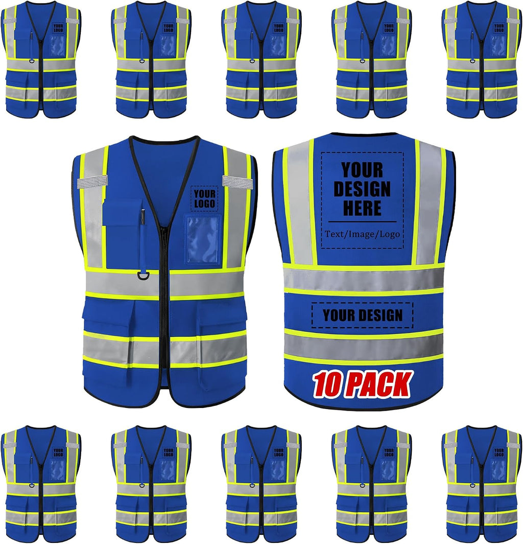 Custom Safety Vest with Logo, High Visibility Reflective Personalized Vest with Pockets and Zipper for Men Women Work