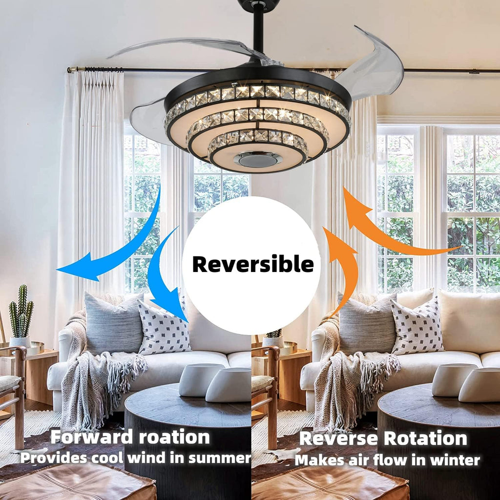 42' Smart Ceiling Fan with Lights and Bluetooth Speaker, Retractable Black Fandelier RGB Color Dimmable LED Crystal Chandelier Fans with Remote Control, Reversible Silent Motor, 6 Speeds