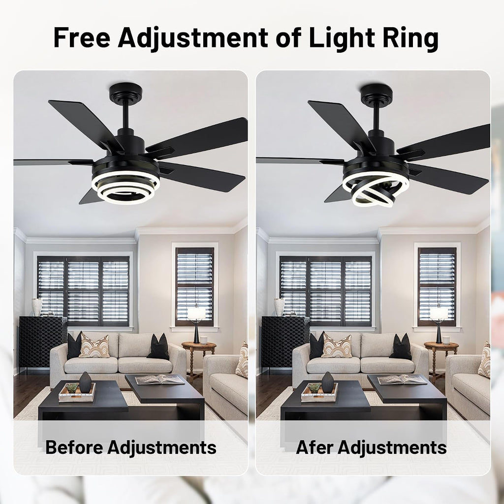 52' Farmhouse Ceiling Fans with Lights,Chandelier Fan with 6-Speed Dimmable LED and Reversible DC Motor,DIY Rings LED,Fandelier Ceiling Fan with 5 Dual Finish Blades for Living Room/Bedroom
