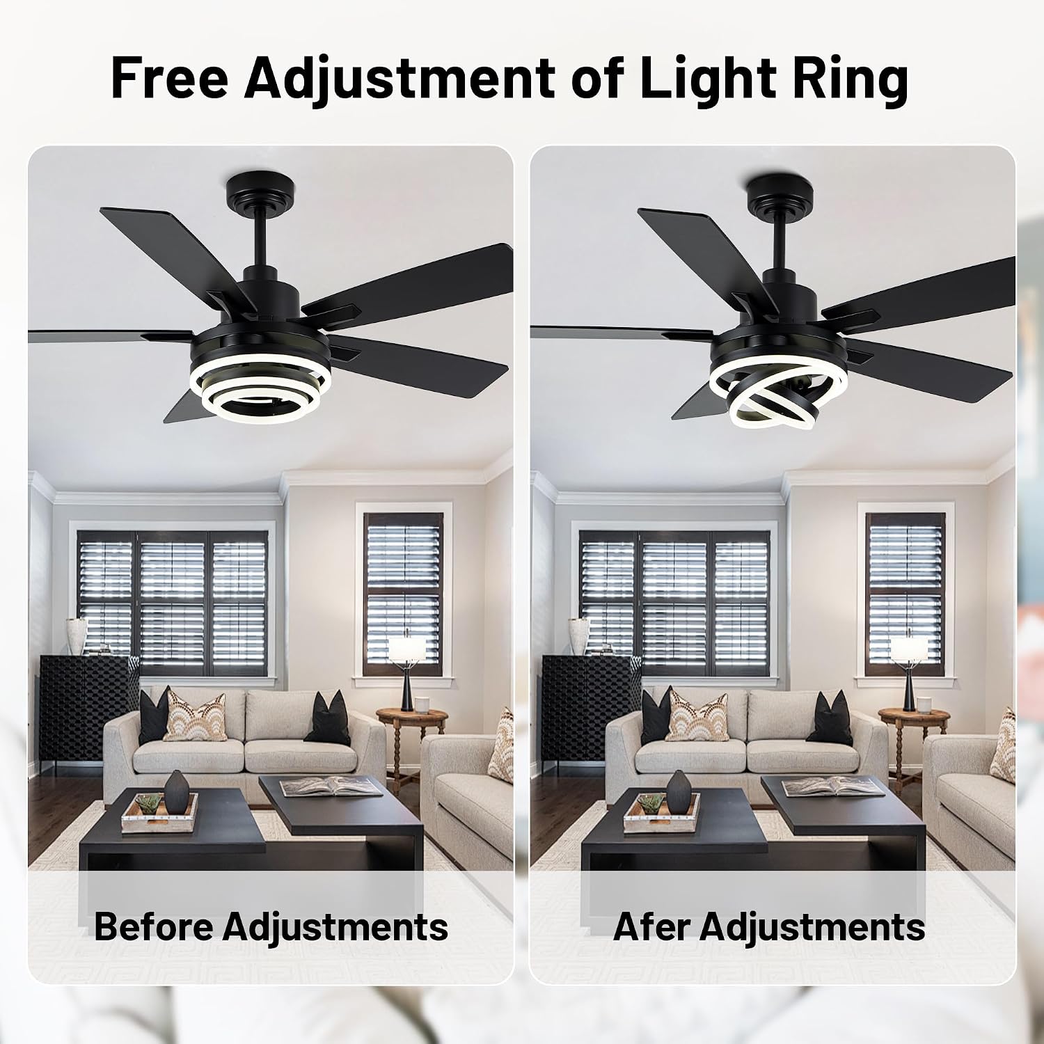 52' Farmhouse Ceiling Fans with Lights,Chandelier Fan with 6-Speed Dimmable LED and Reversible DC Motor,DIY Rings LED,Fandelier Ceiling Fan with 5 Dual Finish Blades for Living Room/Bedroom