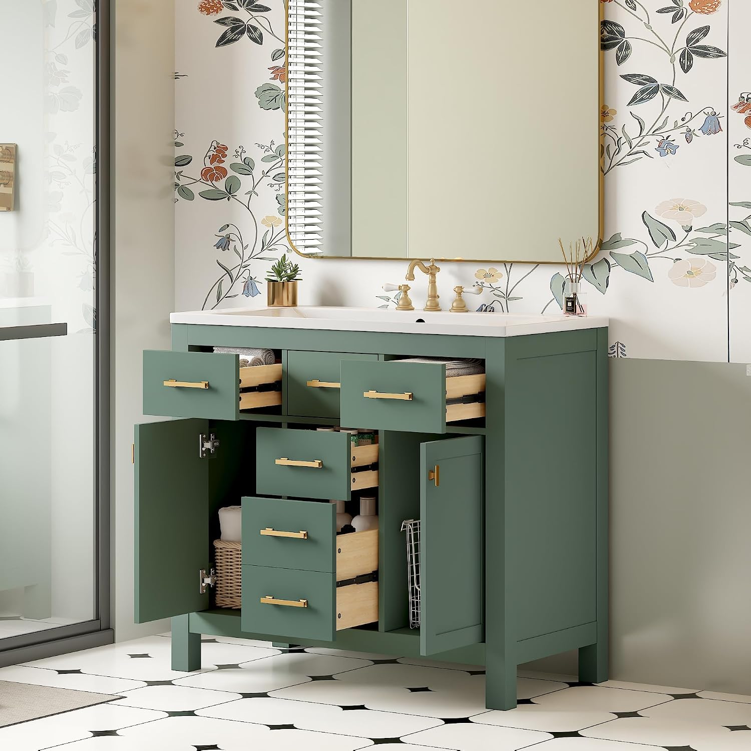 Merax 36' Bathroom Vanity with Sink, Freestanding Modern Bathroom Vanity Cabinet with Sink Top, 4 Drawers and 2 Storage Cabinets, Solid Wood Frame, Painted Finish