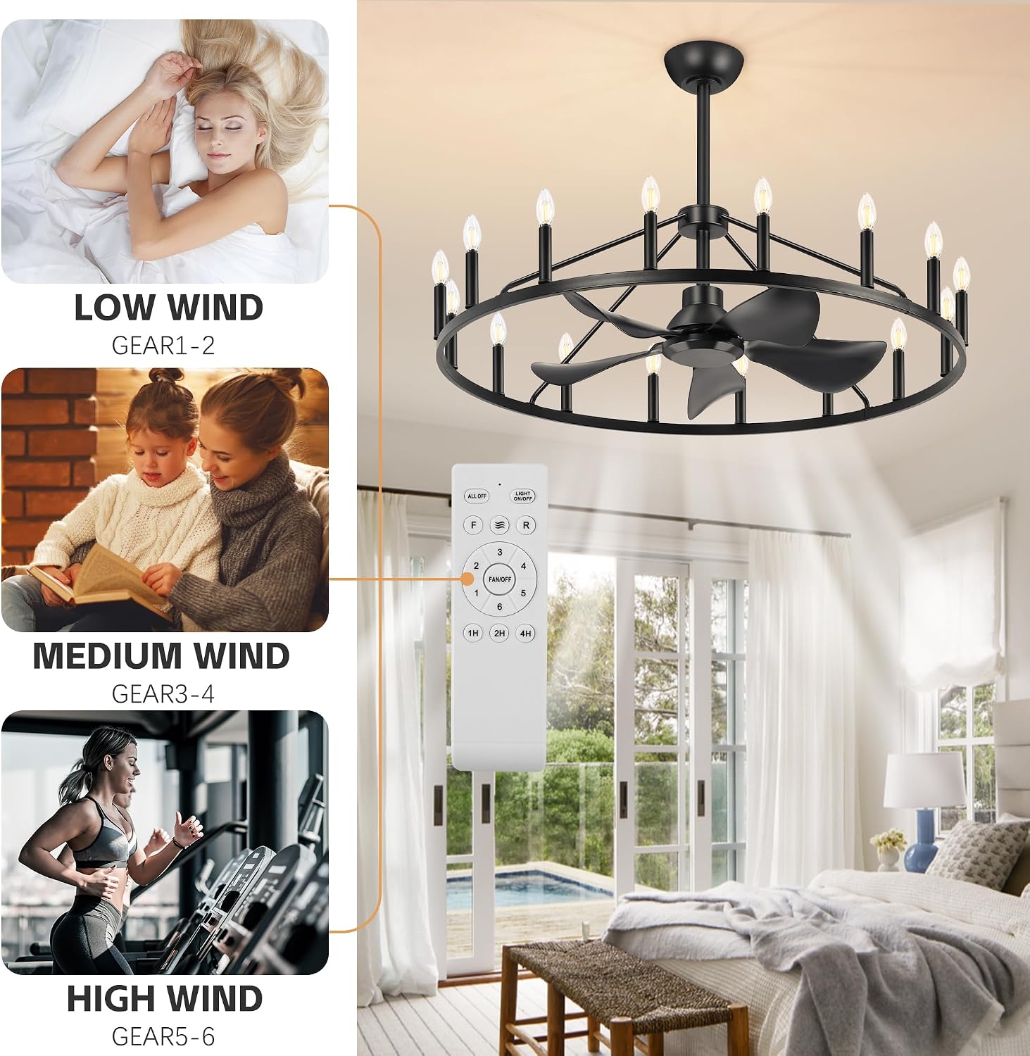 She's home 43' Black Wagon Wheel Chandelier Farmhouse Ceiling Fan with Light and Remote,16-Lights Large Fandelier with Candle,Rustic Big Light Fixture for Living Room