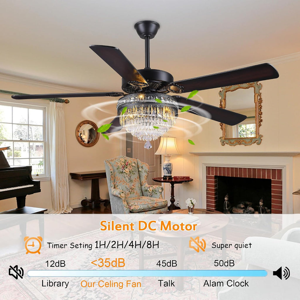 GJeg Crystal Ceiling Fan Fandelier with Lights - Outdoor Ceiling Fans with Remote Control, Farmhouse Ceiling Fan with Noiseless DC Reversible Motor,Dining Room,Living Room(62' Black)