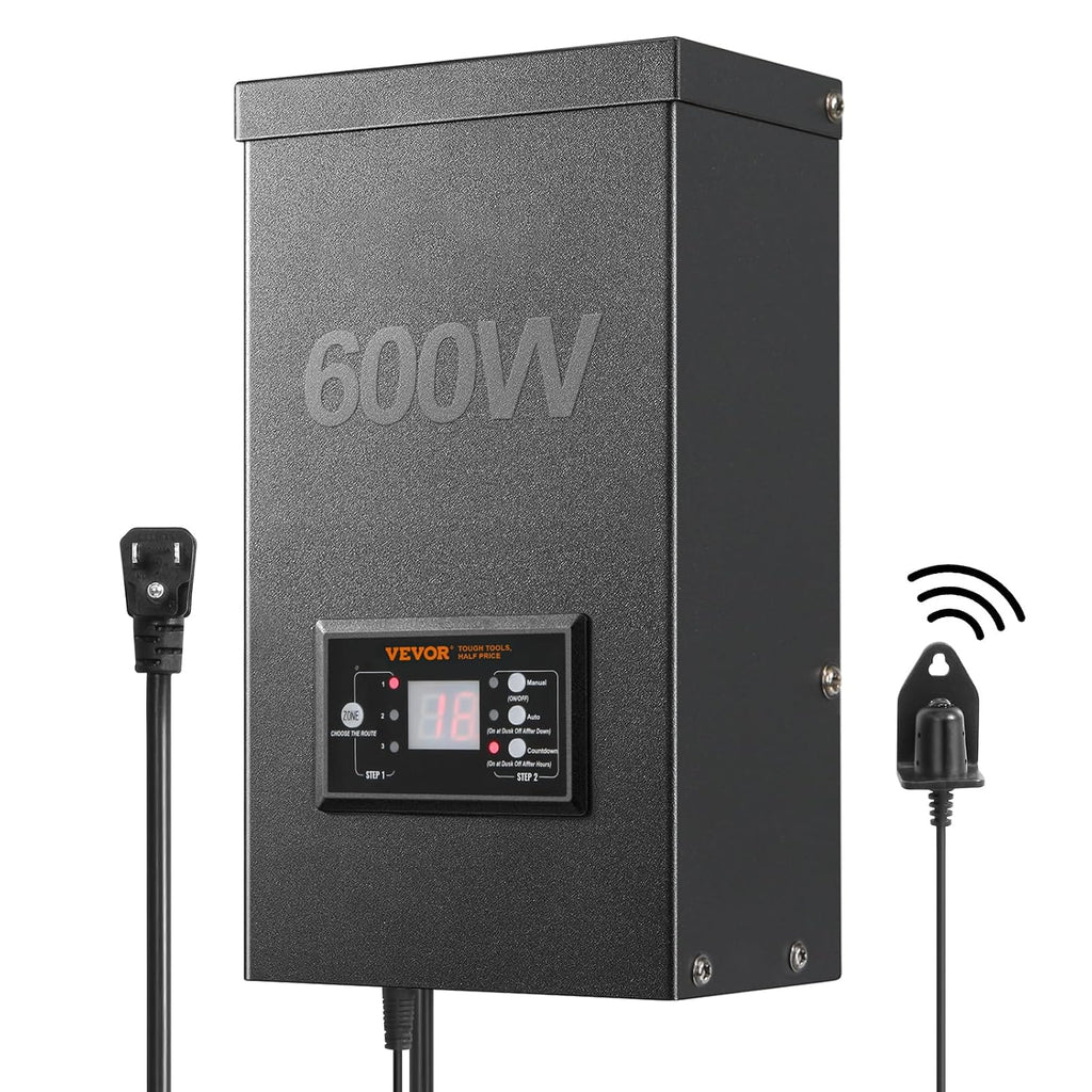 VEVOR 600W Landscape Transformer, Timer & Photocell Sensor Equipped, Weatherproof Outdoor Lighting Converter, 120V AC to 12V/14V AC, Ideal for Exterior, Spotlight, Pathway,ETL