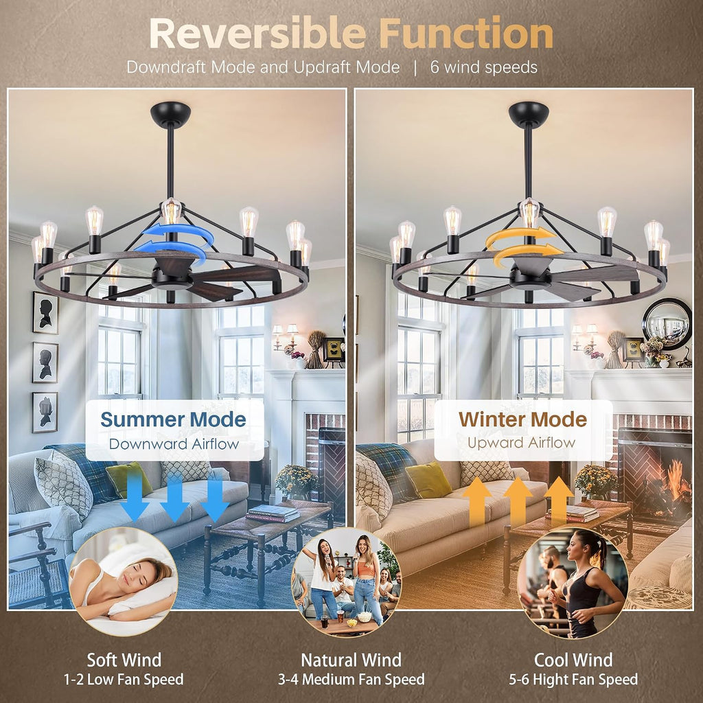 44'' Ceiling Fan with Light, Wood Wagon Wheel Chandelier, Large Farmhouse Fandelier Light Fixture, Chandelier for Living Room, Dining Room, Adjustable High Ceilings