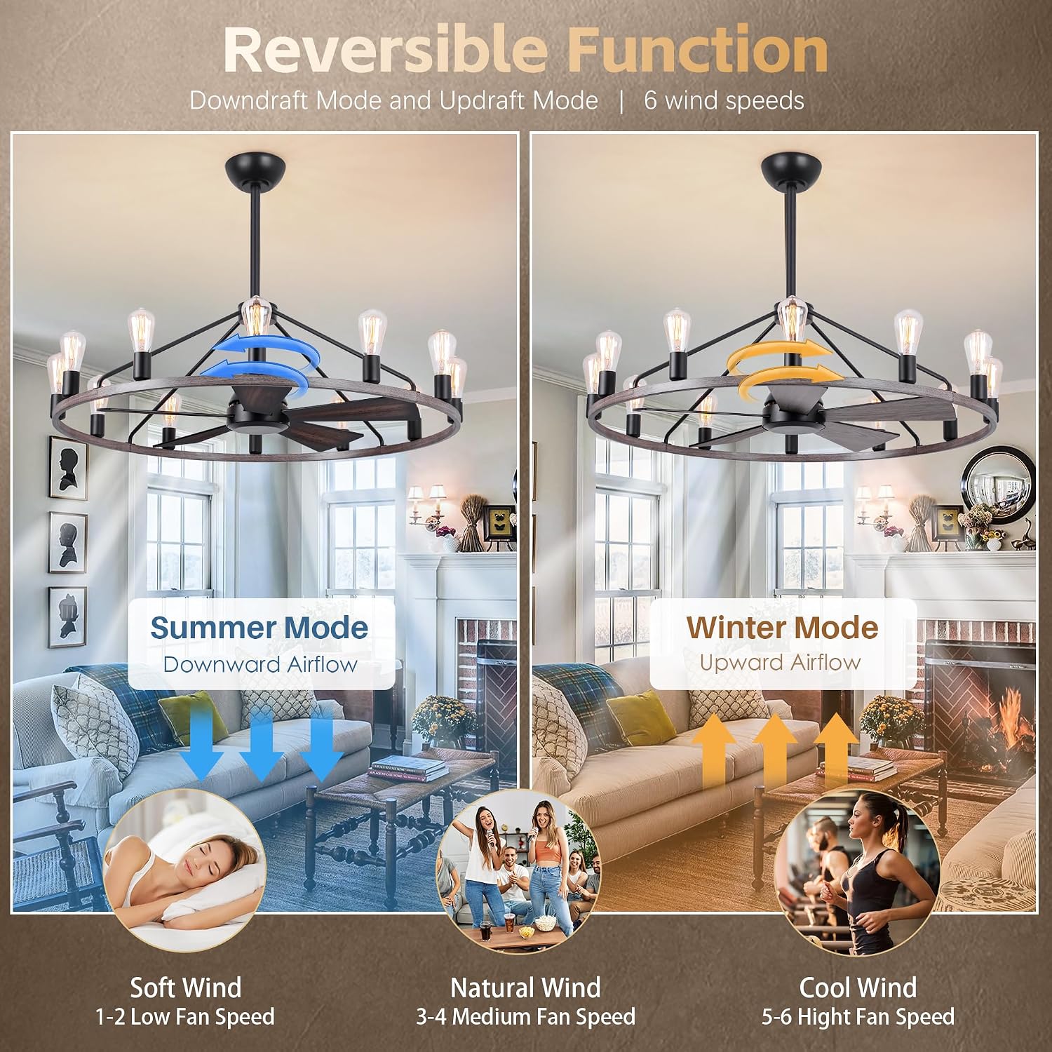 44'' Ceiling Fan with Light, Wood Wagon Wheel Chandelier, Large Farmhouse Fandelier Light Fixture, Chandelier for Living Room, Dining Room, Adjustable High Ceilings
