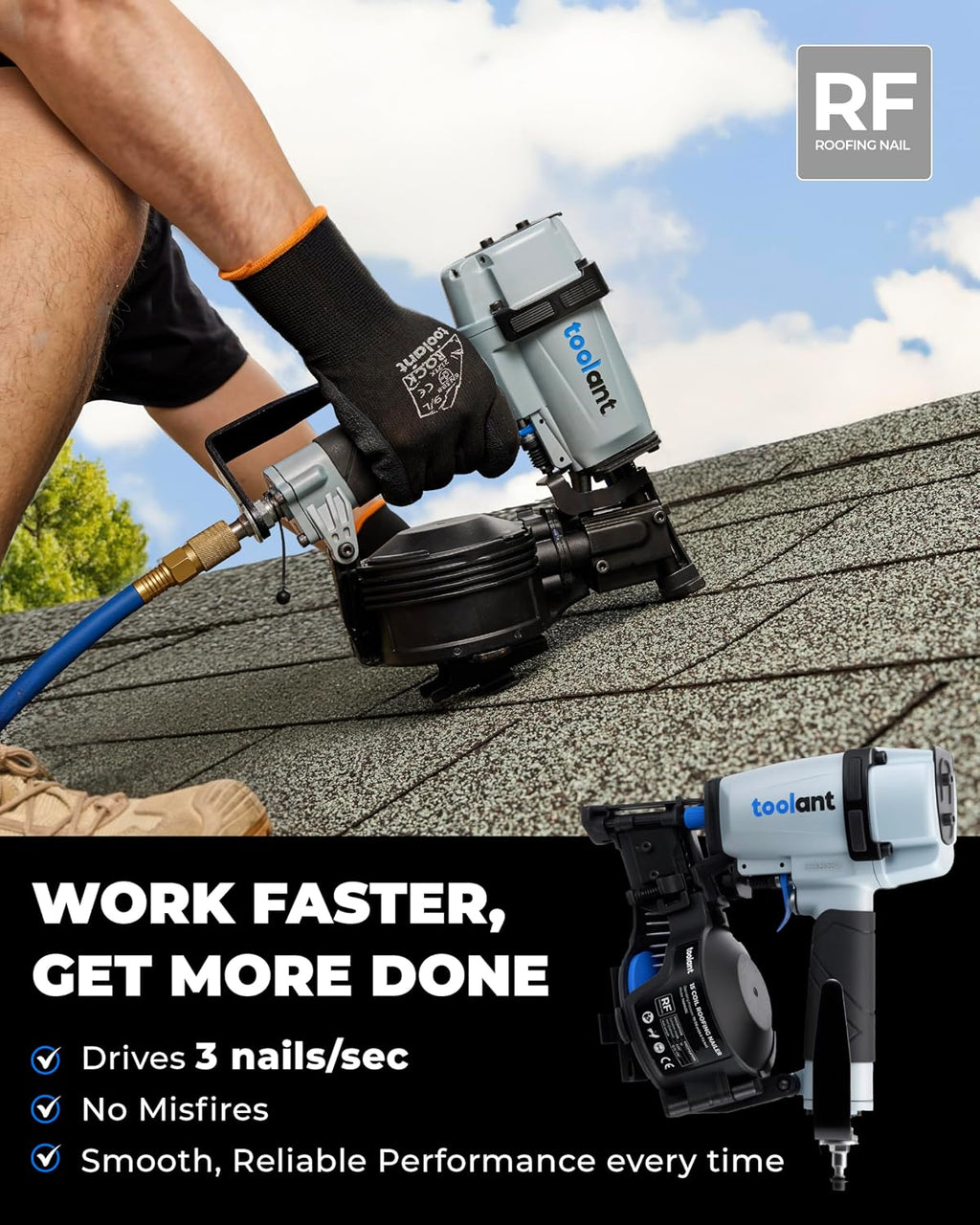 toolant Roofing Nailer, Pneumatic Roofing Nail Gun for 3/4' to 1-3/4' Nails, 120 Coil Capacity, 70-120 PSI, 15 Degree, Heavy Duty Roofing Tool for Asphalt Roofing Shingles, Fencing, and Wood Siding