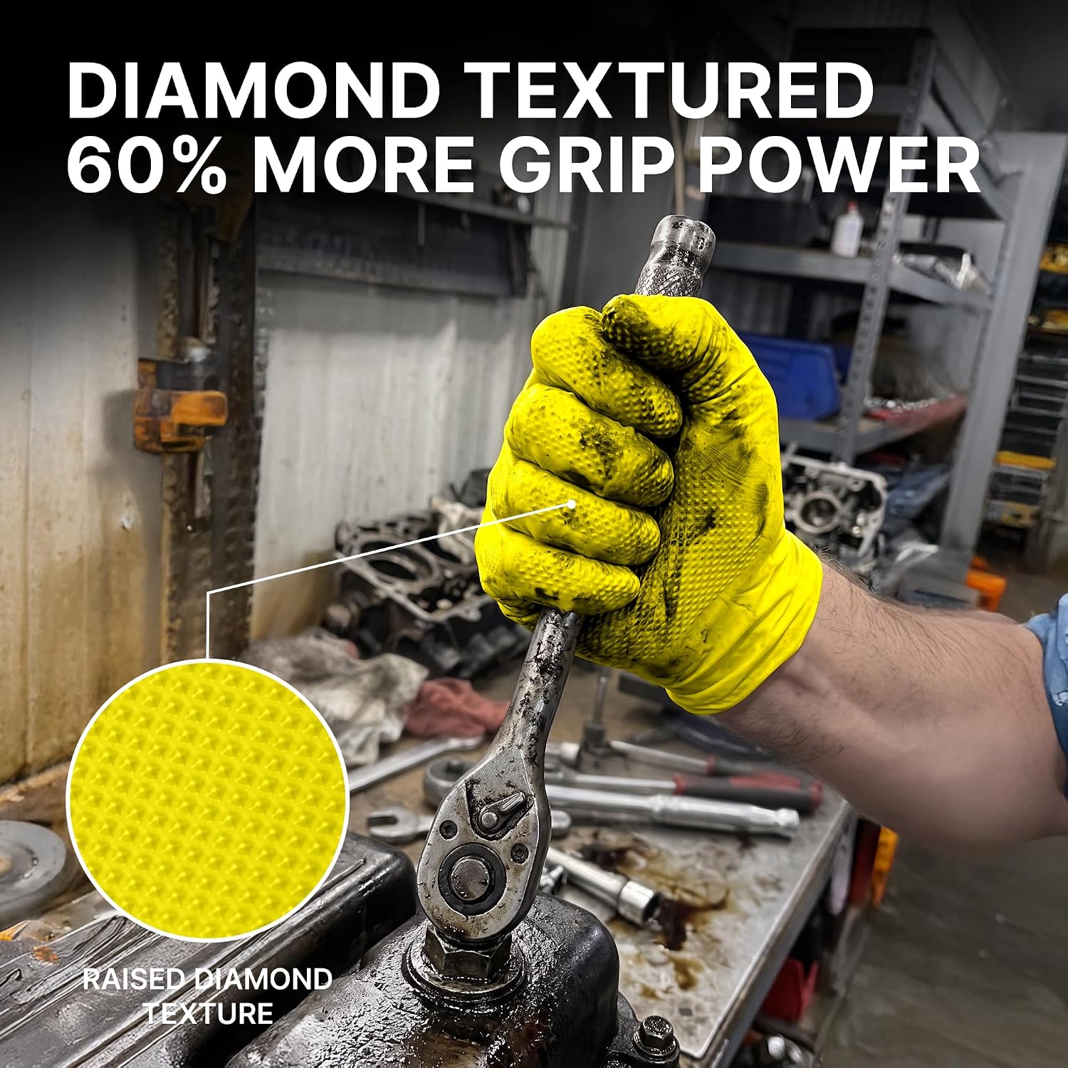 TitanFlex Heavy Duty Industrial Nitrile Gloves with Raised Diamond Texture, 6-mil, Latex Free (Dark Green/Yellow)