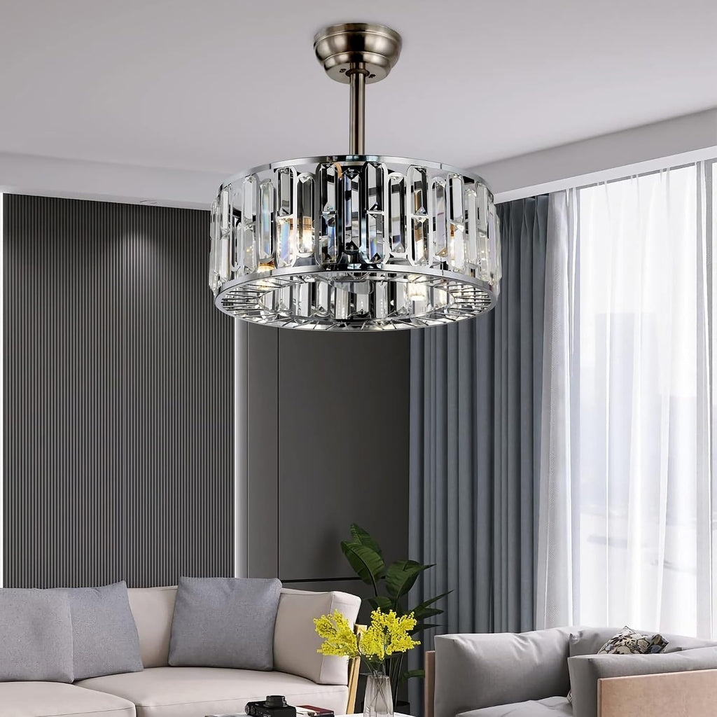 Fandian 18' Industrial Caged Ceiling Fan with Light,Bladeless Fan with 3 Speeds, Farmhouse Crystal Fandelier with Remote Control, Chrome Silver Chandelier Fan for Dining Bedroom