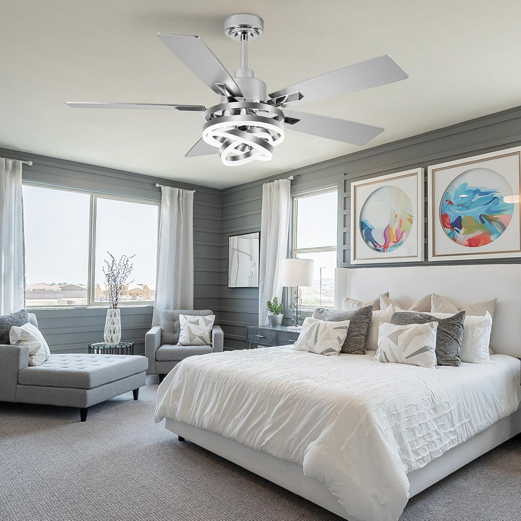 52' Chandelier Ceiling Fans with Lights Remote Control, Farmhouse Ceiling Fan with Light, DIY Rings LED Fandelier Ceiling Fan with Reversible DC Motor 6 Speeds Dimmable for Living Room Bedroom