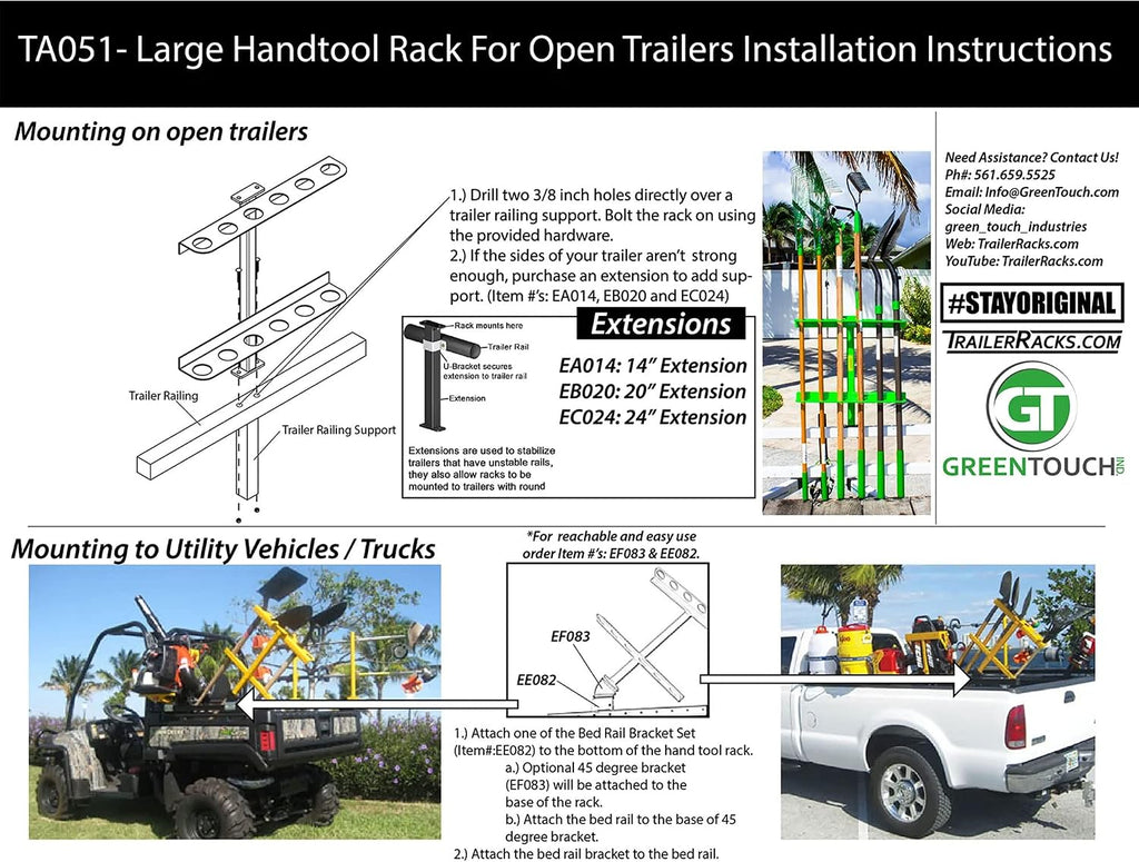 24 Inch Large Steel Hand Tool Rack with Mounting Hardware for Open Trailers Storage, Up to 6 Tools, Green