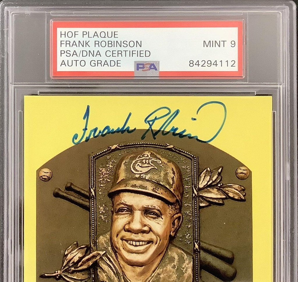 Frank Robinson Signed Plaque HOF Postcard Yellow Orioles PSA/DNA Auto 9 - MLB Cut Signatures