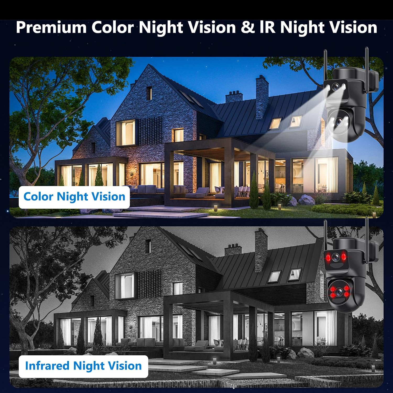 4K Solar Security Cameras Wireless Outdoor Battery Powered, 2.4GHz Dual Lens Bullet & 360°PTZ Linkage Outdoor Security Camera with Solar Panel, 8X Digital Zoom, Color Night Vision (2 Pack)