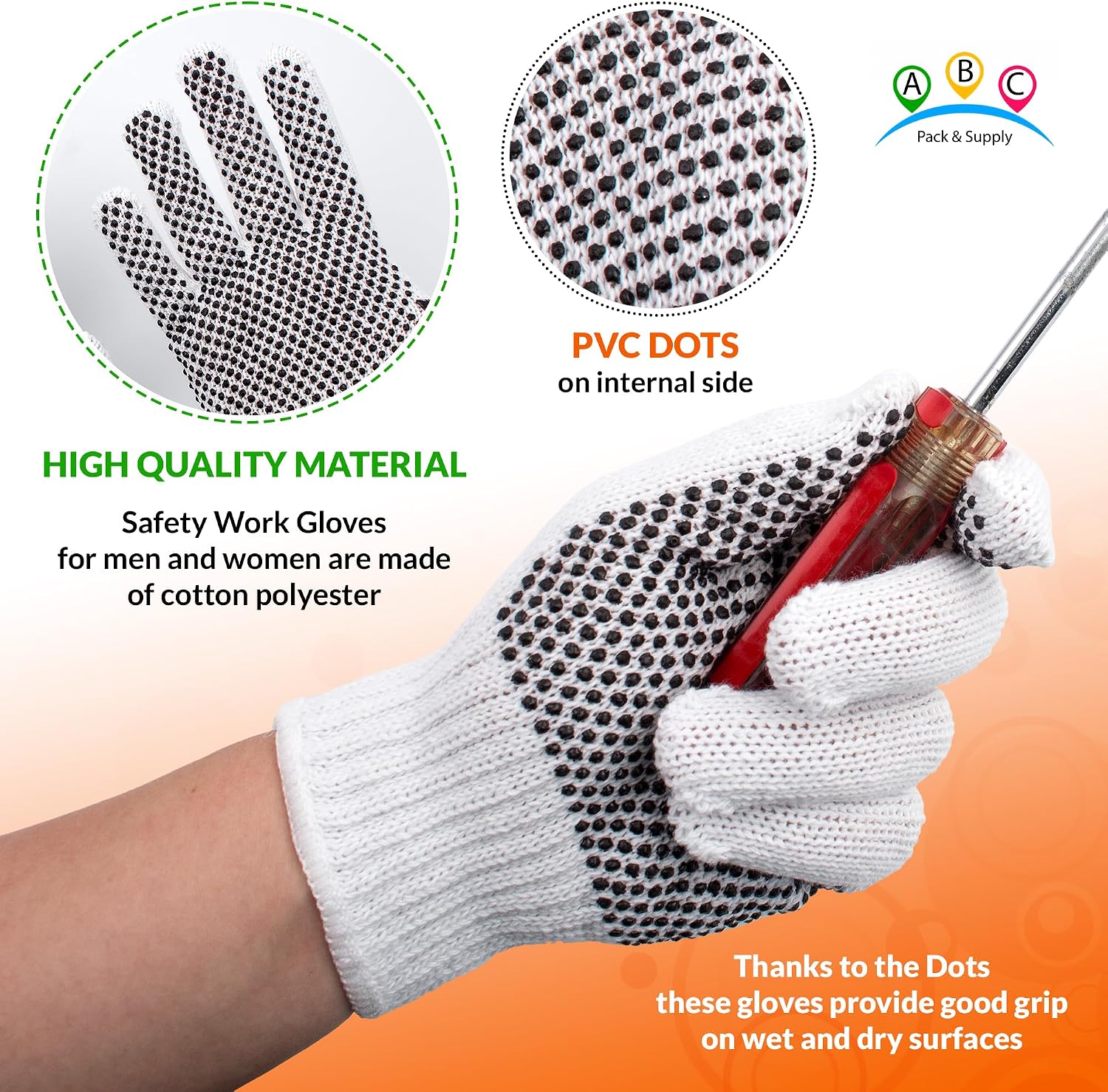 ABC PACK & SUPPLY Work Gloves Bulk, White Polyester Cotton Glove with Black PVC Palm Dots, String Knit Gloves