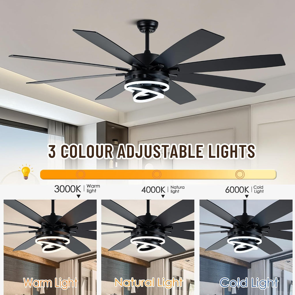 Farmhouse Ceiling Fans with Lights,Chandelier Fan with DIY Rings LED,Fandelier Ceiling Fans with Lights for Living Room/Bedroom (Black-MD-DC7205, 72 Inch)